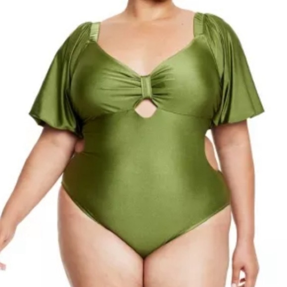 NWT Fe Noel Metallic Puff Sleeve Cut Out Medium Coverage One Piece Swimsuit - Picture 4 of 14